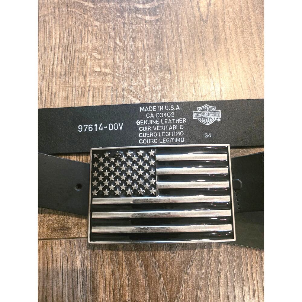 VTG Harley-Davidson American Flag Buckle Black Leather Belt Size 34 97614-00V